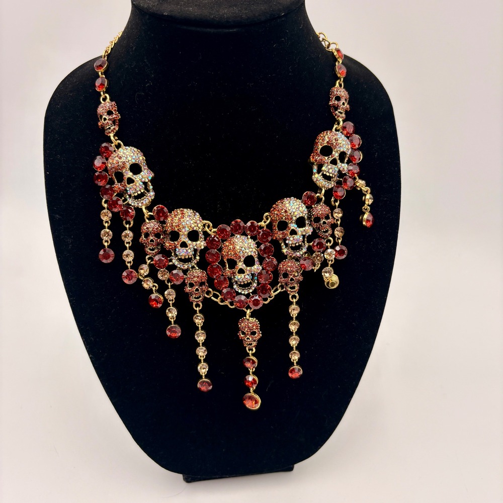 Natasha Gold Tone Red Rhinestone Crystal Skull Halloween Statement Bib Necklace